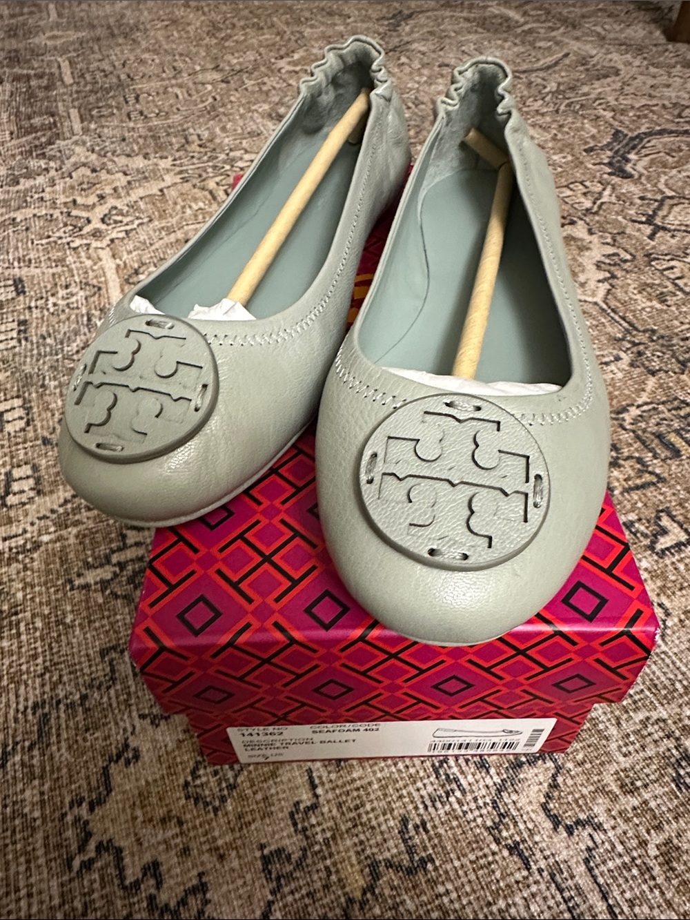 Tory Burch Light Seafoam Leather Logo Ballet Flats